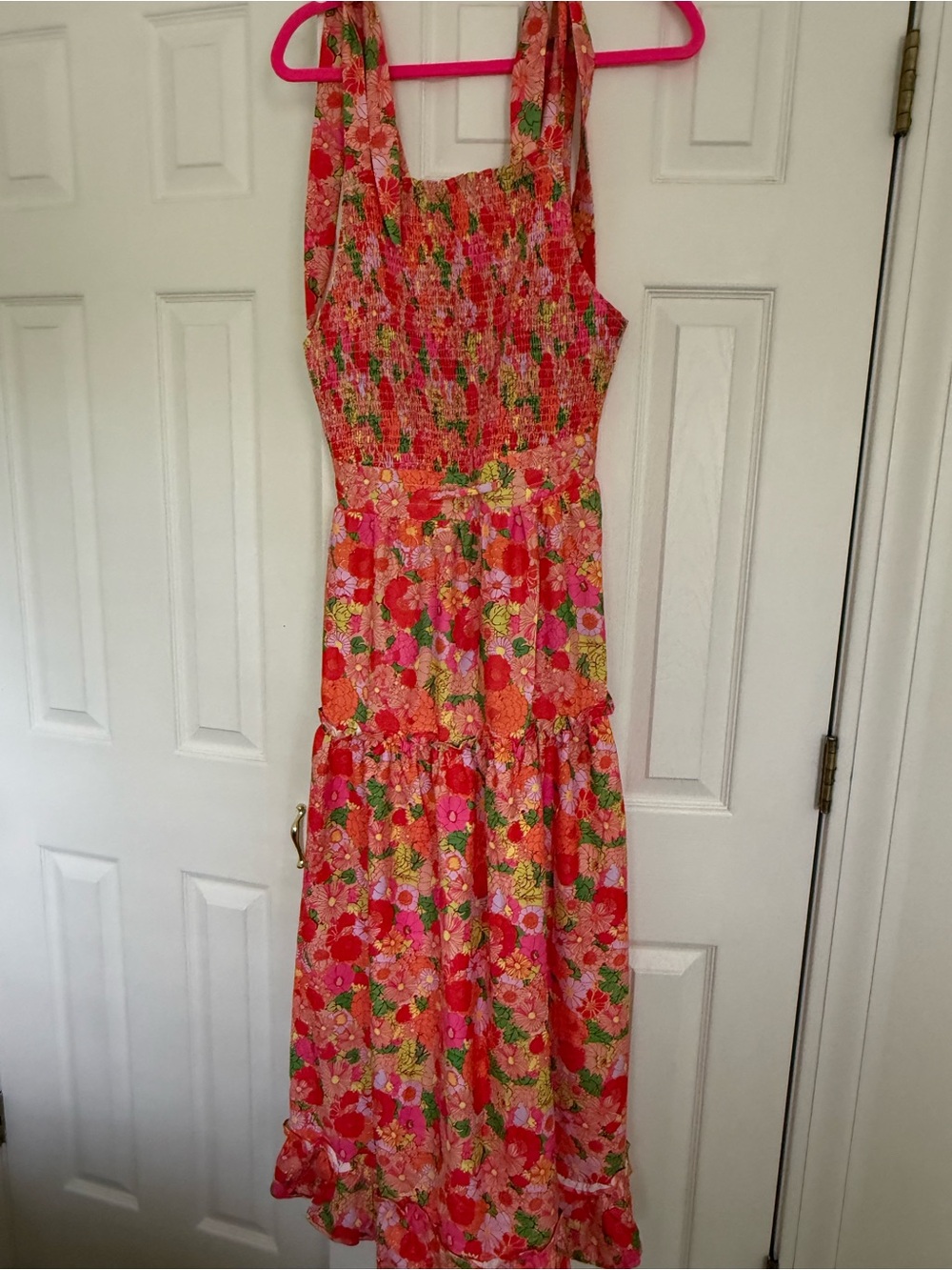 Pink Floral Smocked Maxi Dress with Adjustable Straps and open back detail